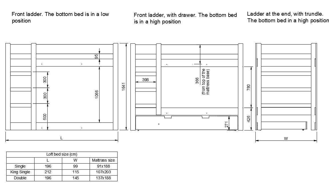 Solid pine bunk bed with adjustable lower bunk — floor-low for toddlers or higher for bigger kids; ladder on either side