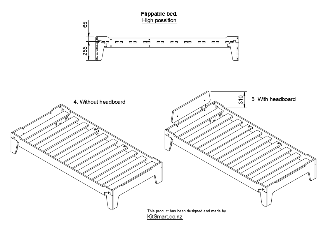Wooden flippable bed for kids with headboard