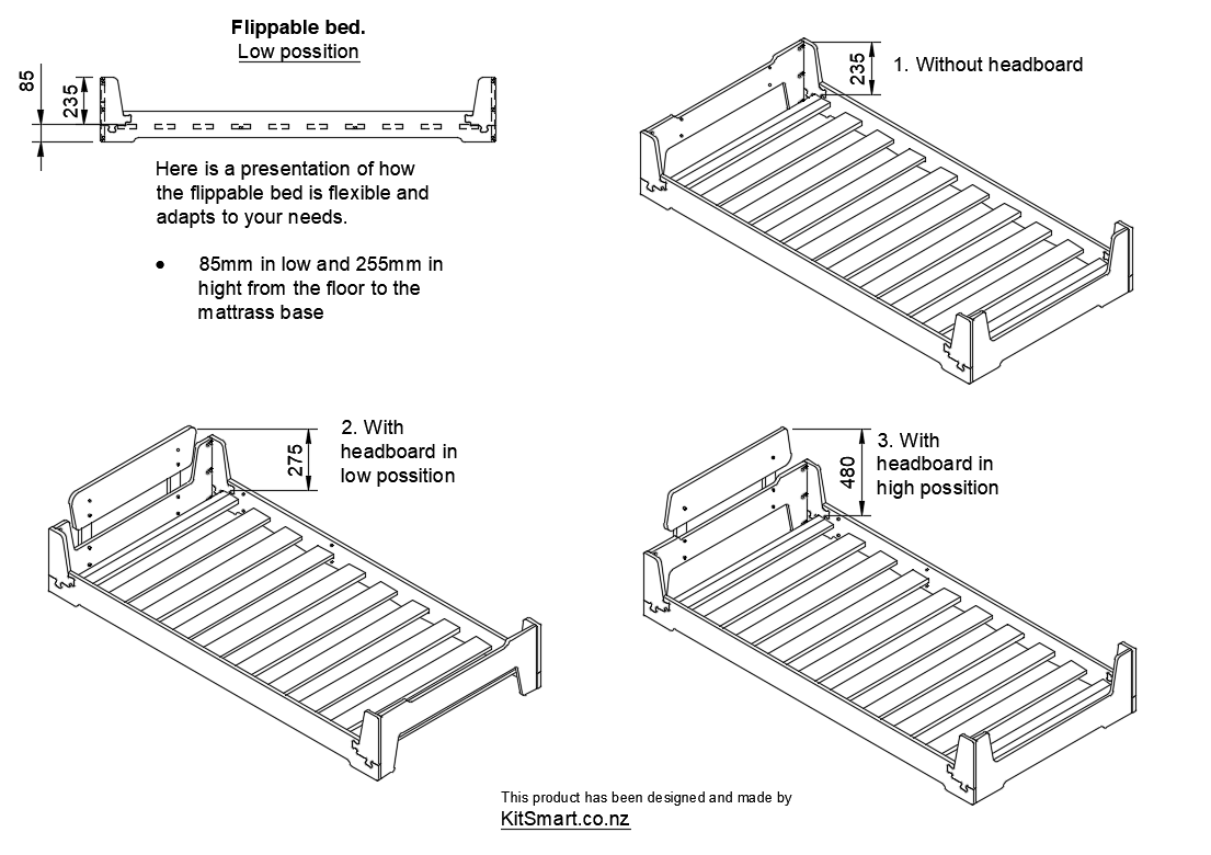 Wooden flippable bed frame for kids and adults