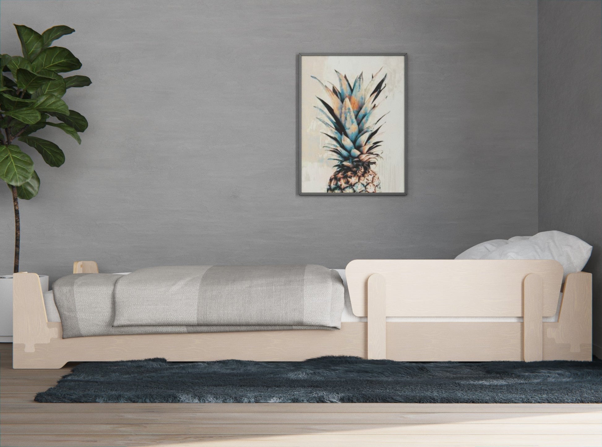 Montessori floor flippable bed frame with guardrail