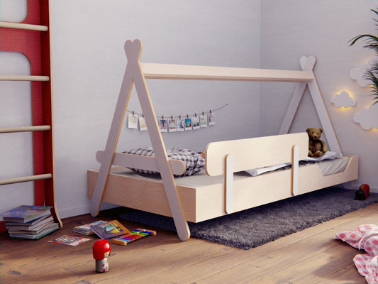 Natural NZ pine canopy Montessori bed in a calm Australian kids’ room designed for better sleep and reduced stimulation