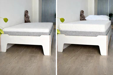 Flippable kids bed frame shown with two mattress heights — a thin mattress and a thicker mattress — demonstrating how the bed adapts as a child grows