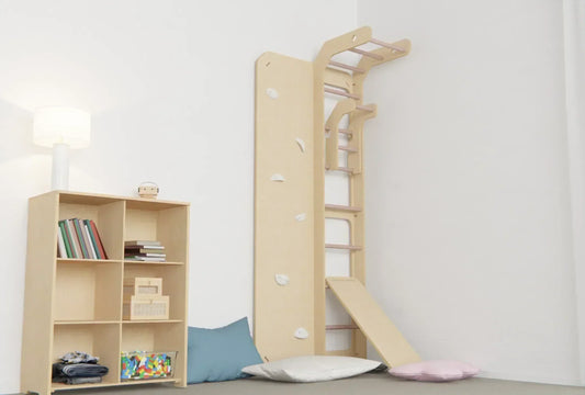 Indoor climbing wall in a kids bedroom, creating an active play zone with safe, natural wood furniture