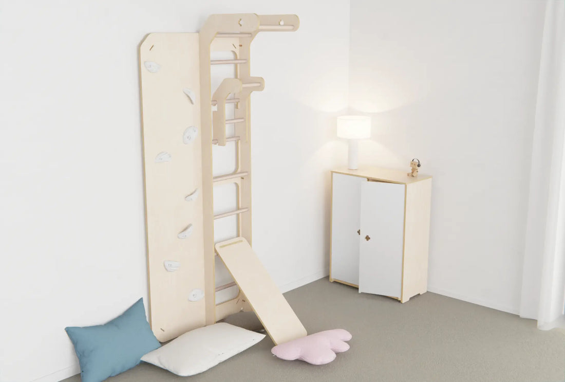 Indoor climbing wall for kids in a home playroom, supporting active play, strength, and coordination