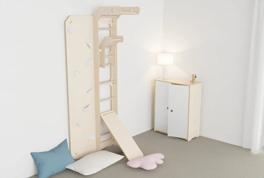 Indoor climbing wall for kids in a home playroom, supporting active play, strength, and coordination