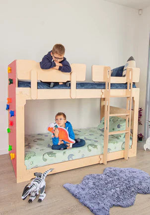 Convertible bunk bed transformer with children’s drawings above, flexible kids bed that separates into two single beds