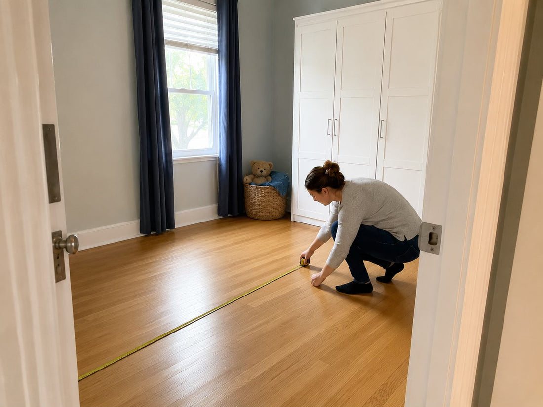 Parent measuring a child’s bedroom and marking space for a wooden bed, wardrobe access and clear walking areas