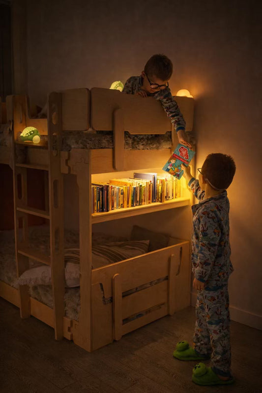 Child’s bedroom with warm evening lighting, low bed and cosy bedtime atmosphere