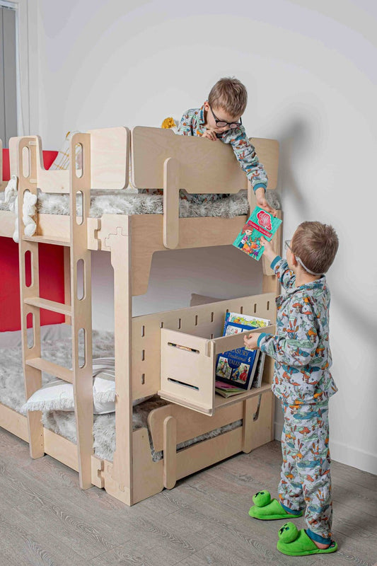 Two siblings sharing a calm, well-organised kids’ room with NZ-made wooden bunk bed and natural furniture
