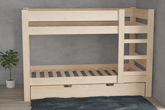 Kids’ bunk bed with a large pull-out storage drawer in a tidy Australian bedroom
