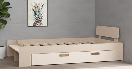 Scandi birch ply double bed for adults and kids — strong, minimalist design with storage underneath