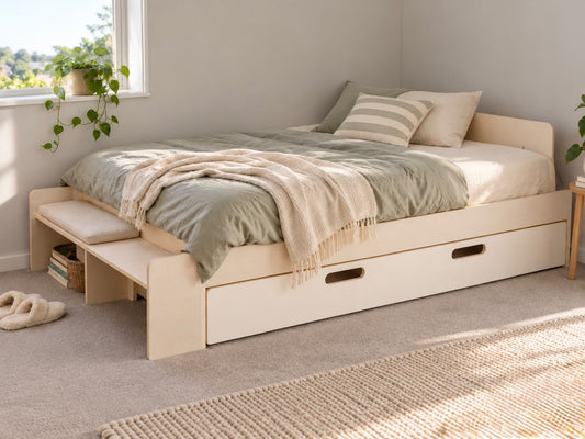 Birch Ply Double Scandi Floor Bed with Storage Drawer