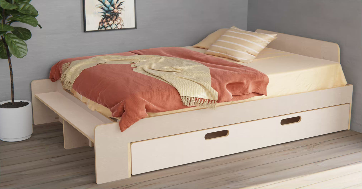 Scandinavian birch ply double bed — simple, safe and sturdy with roomy storage drawer and end shelf