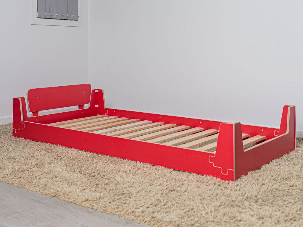 Natural birch red flippable kids’ bed — Montessori style, safe low height, AU delivery