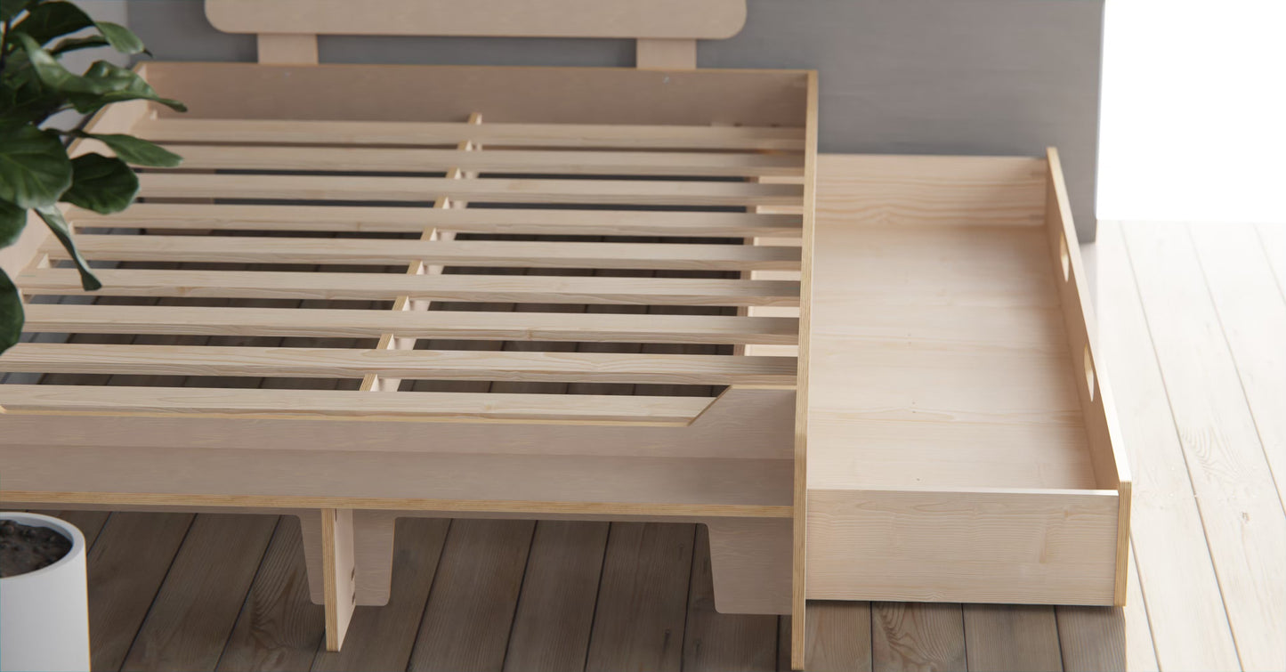 Birch plywood bed in Scandi style with storage drawer and shelf for books, toys and treasures