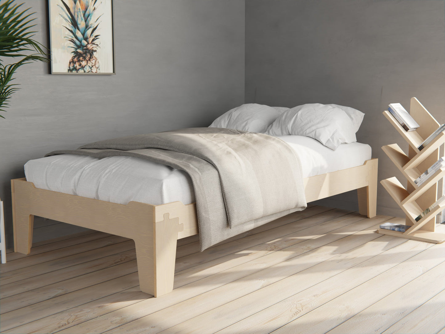 Flippable low bed frame from wood for kids and adults