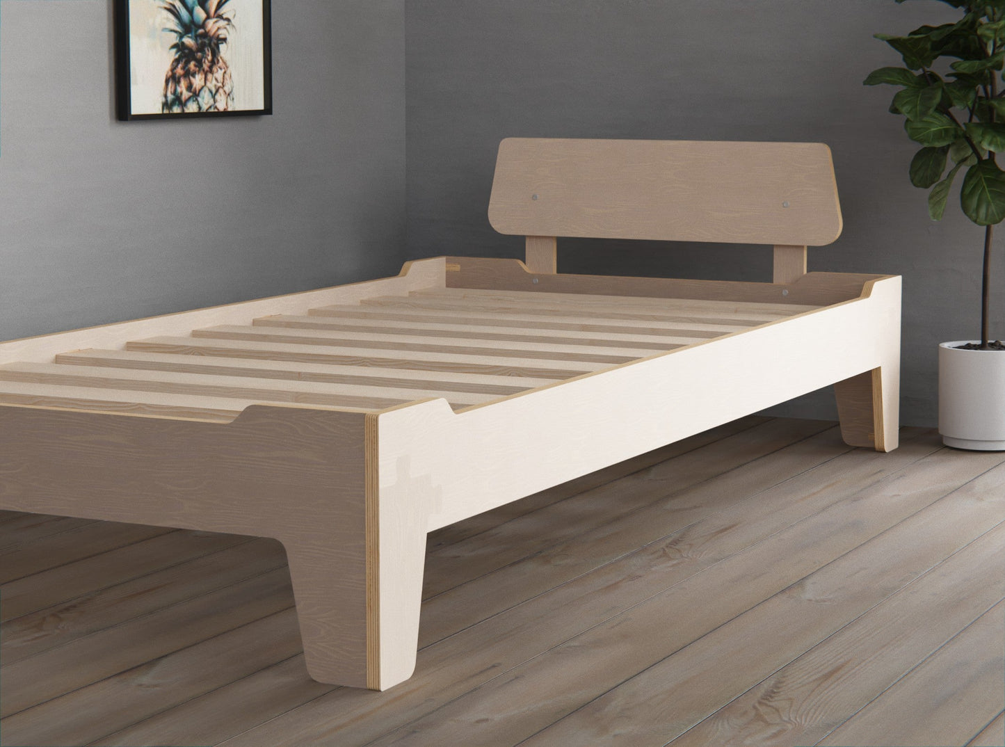 Flippable floor bed from wood with headboard