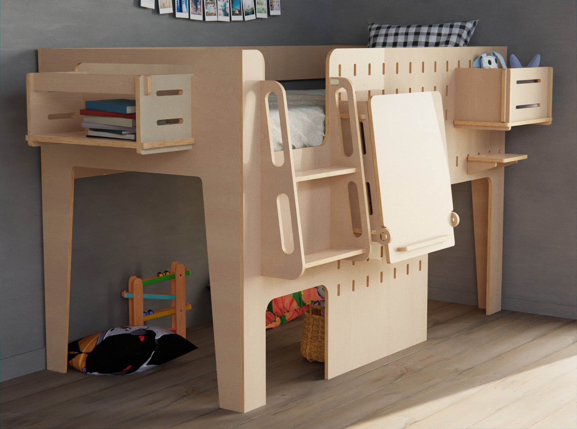 Low loft bed frame with study table and storage for kids