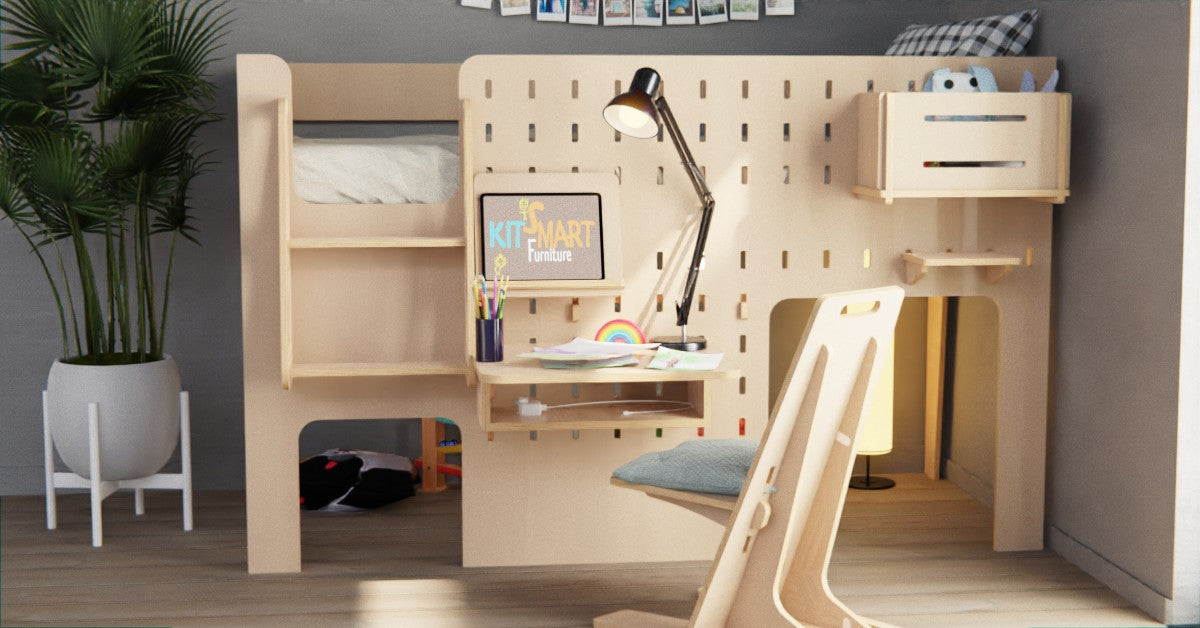 Wooden kids loft bed with desk and chair NZ