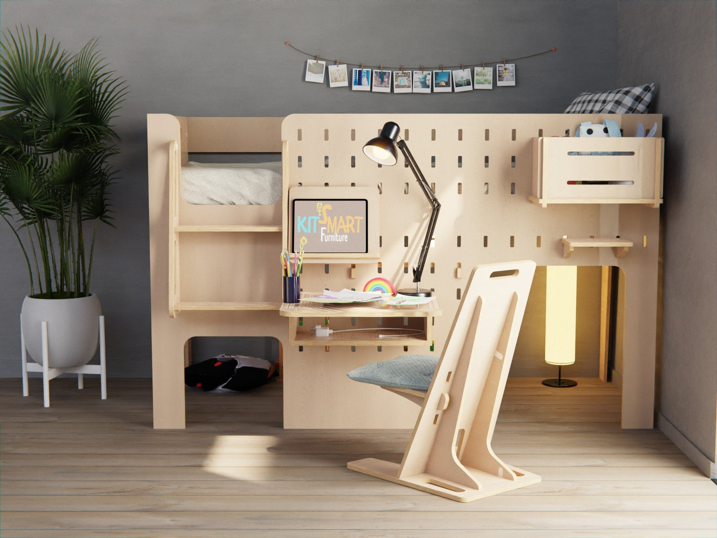 Wooden kids loft bed with study table and chair NZ
