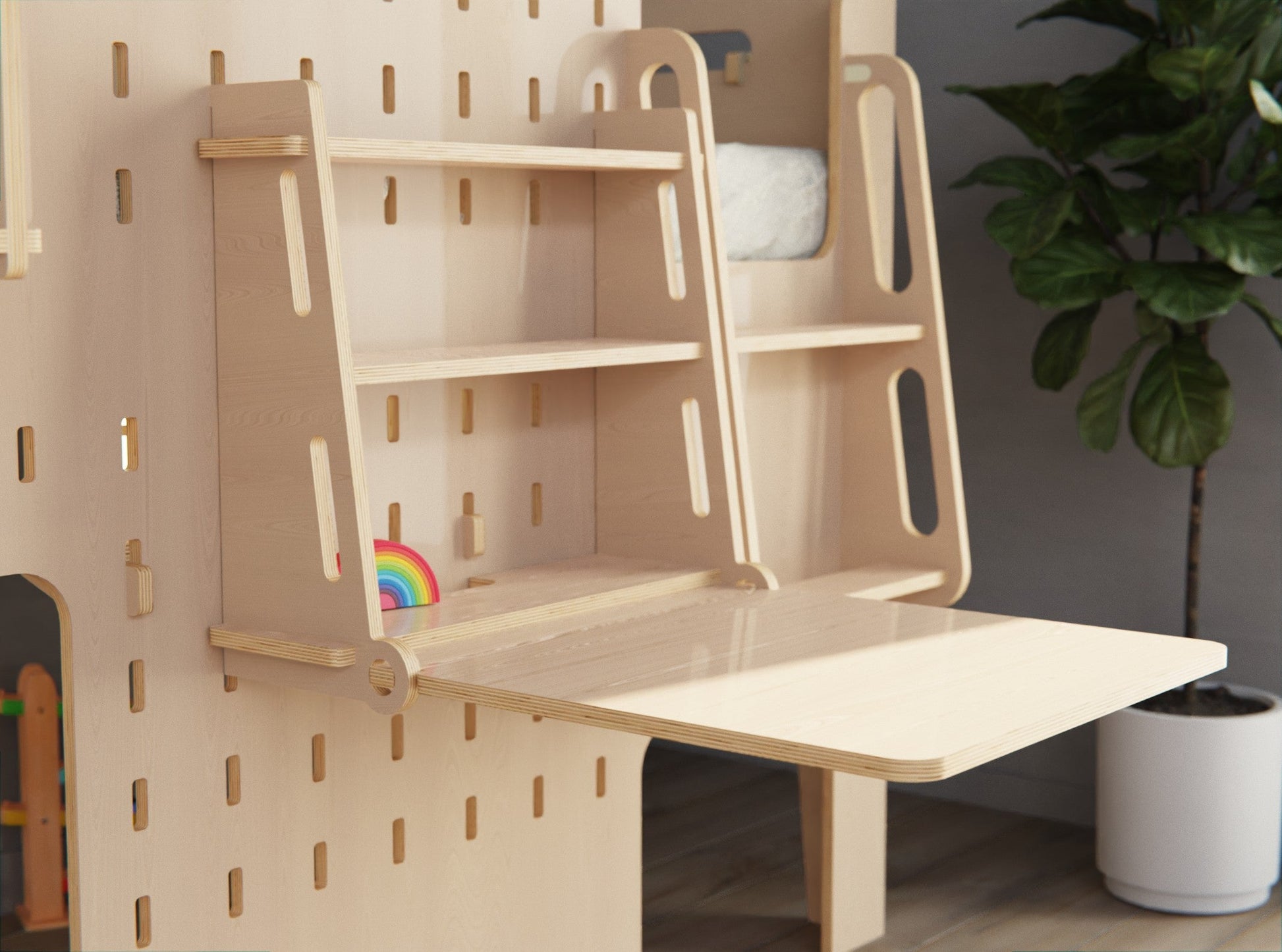 Wooden kids loft bed with folded table