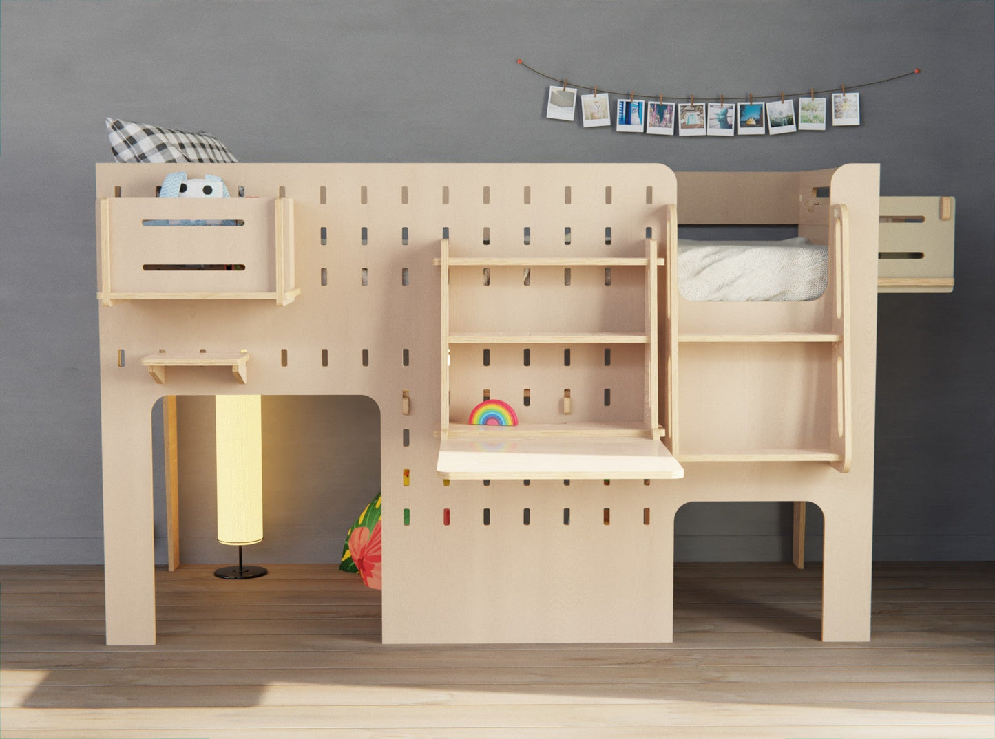 Wooden low loft bed with ladder and adjustable table