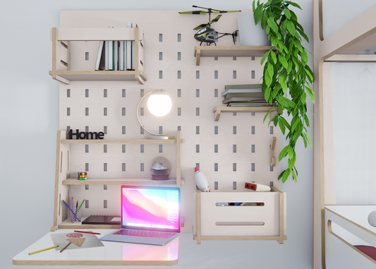 Home office wooden pegboard with desk Auckland