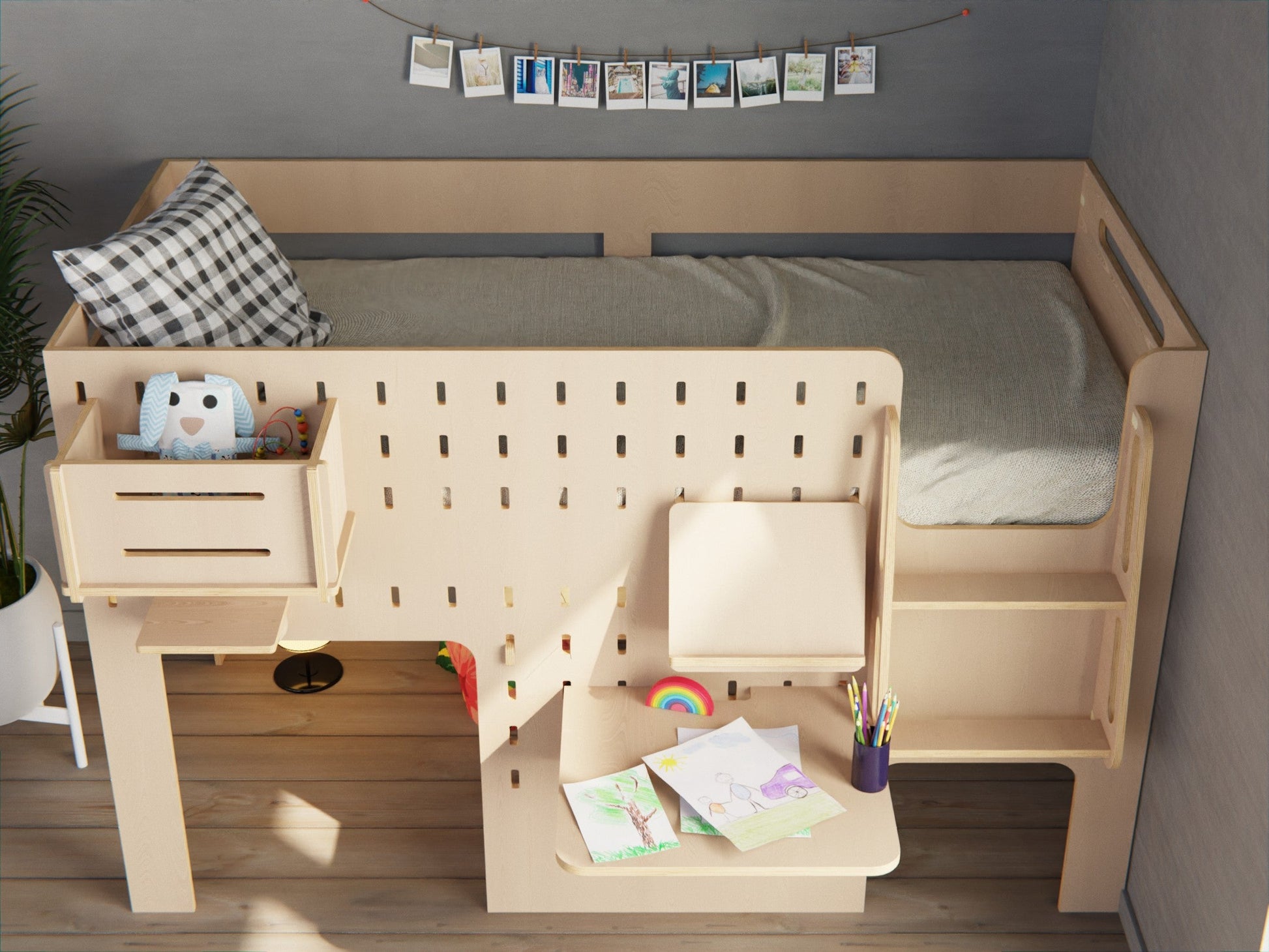 Low loft bed frame with study table