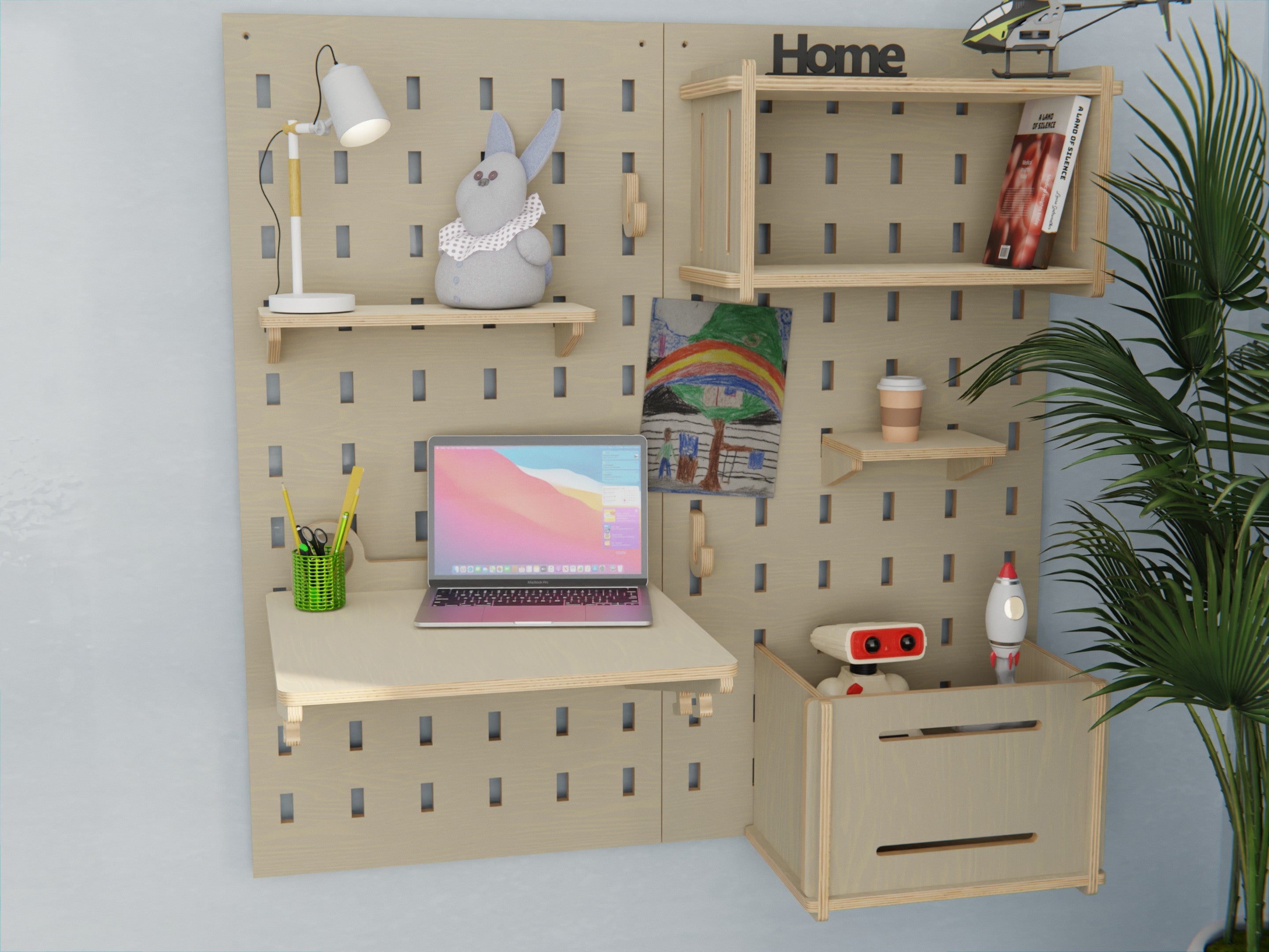 Wooden pegboard with transformer desk and shelves for kids Auckland