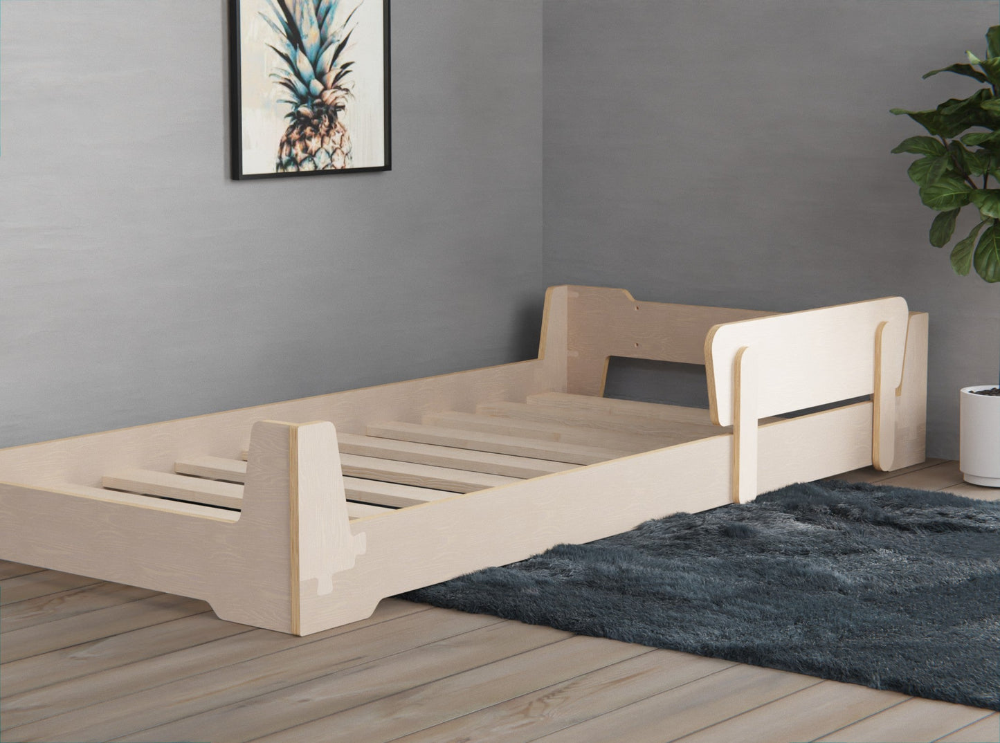 Wooden Montessori bed frame with headboard and guardrail for kids AU