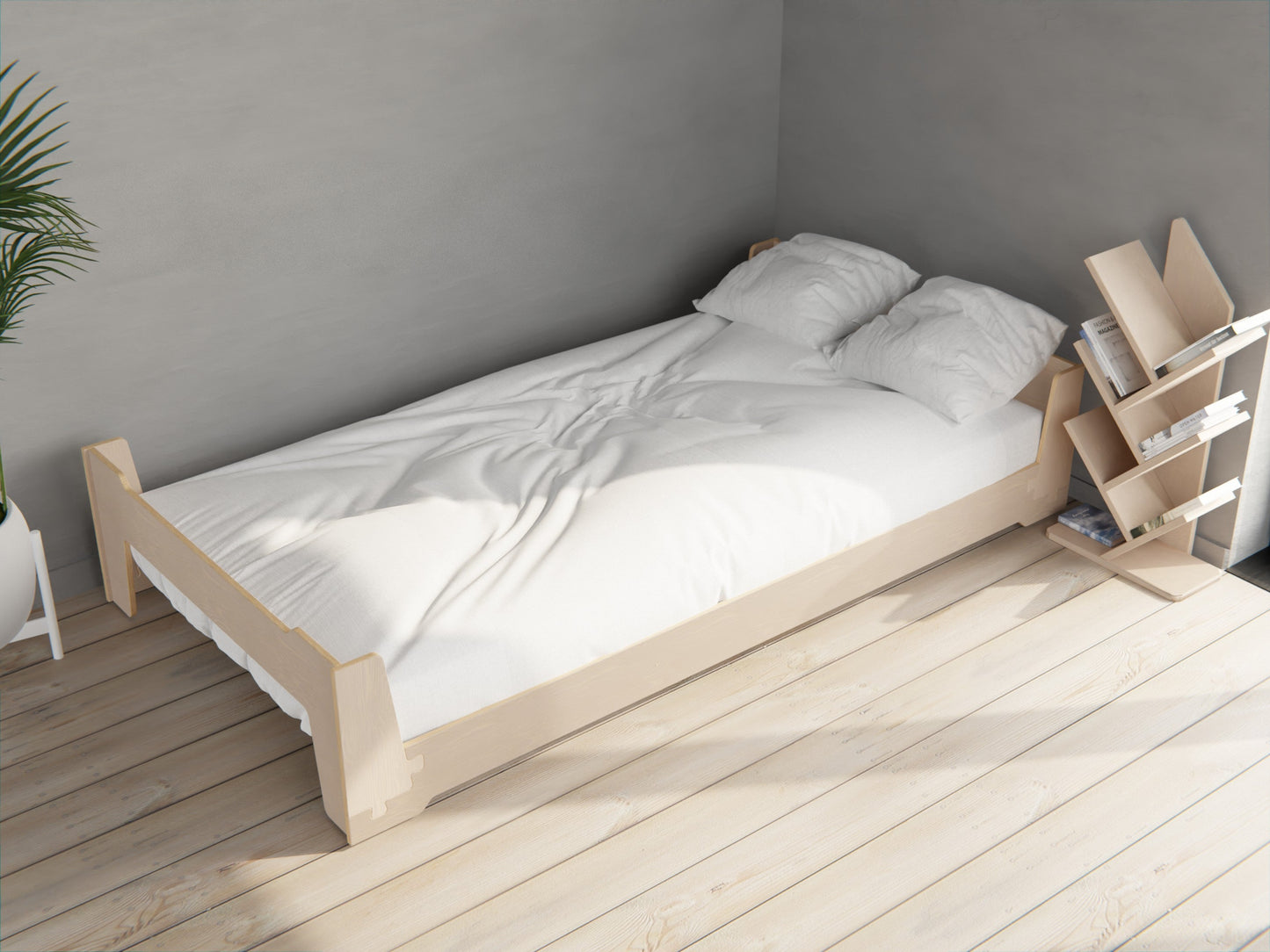 Low flippable bed from natural materials for kids
