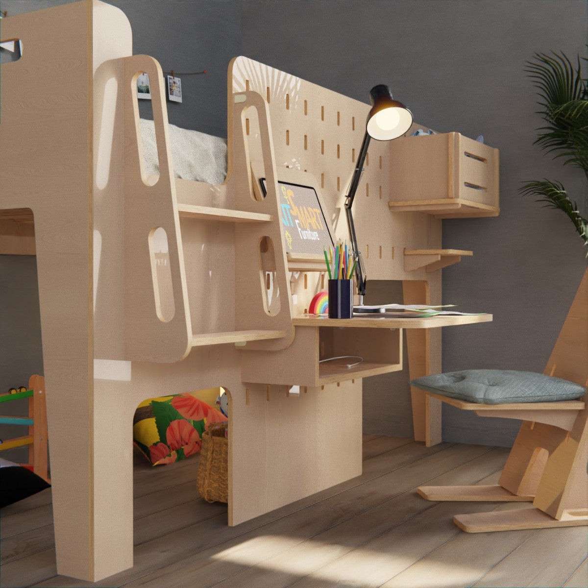Low loft bed from wood for kids